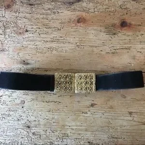 Vintage Gold Brass Filigree Buckle Black Velvet Belt Adjustable Changeable Vintage Black Velvet Wide Belt: 1990s Gold Buckle, Chain  main image 4